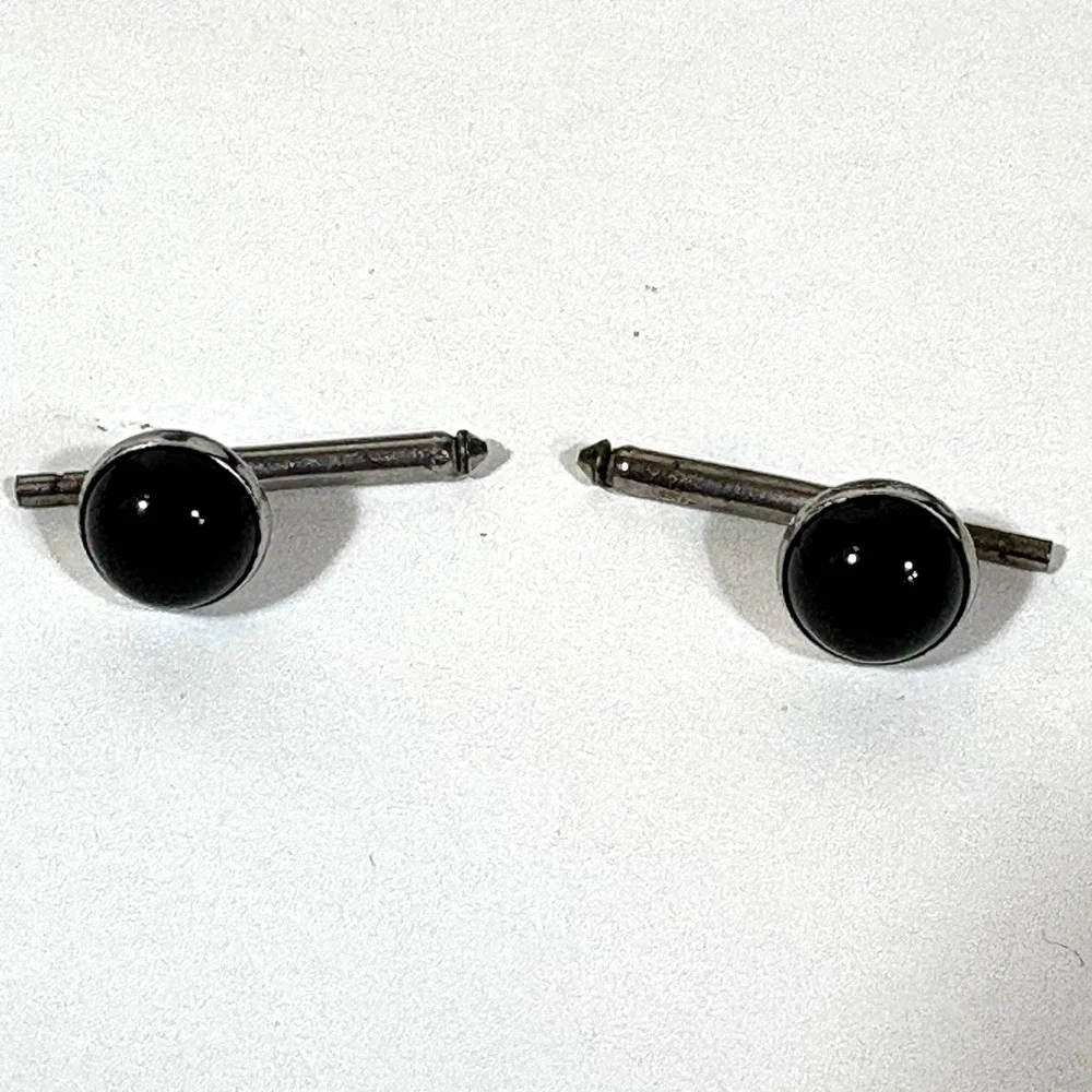 Vintage Cufflinks Round Silver Tone Black Center Small 3/8